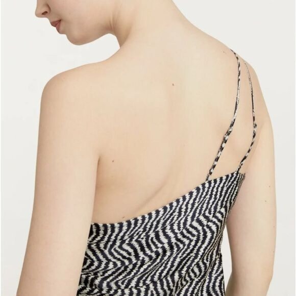 New CINQ À SEPT Christel One-shoulder Asymmetric Silk Midi Dress In Ivory/ Navy - Picture 10 of 15